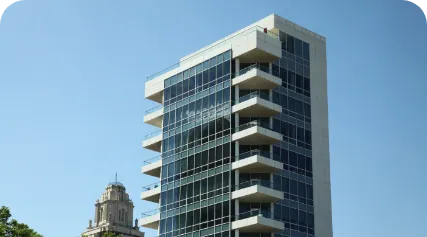 Modern high-rise building with a newly installed system